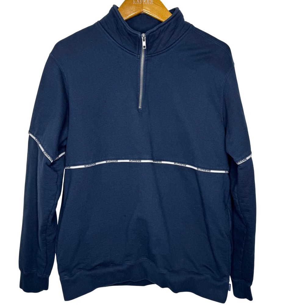 Supreme Logo Piping Half Zip Sweatshirt Blue Medium